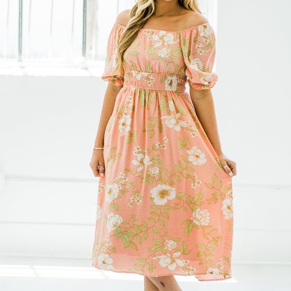 Blu Pepper Peach Coral Floral Square Neck Puff Sleeve Cottagecore Midi Dress - Picture 2 of 9